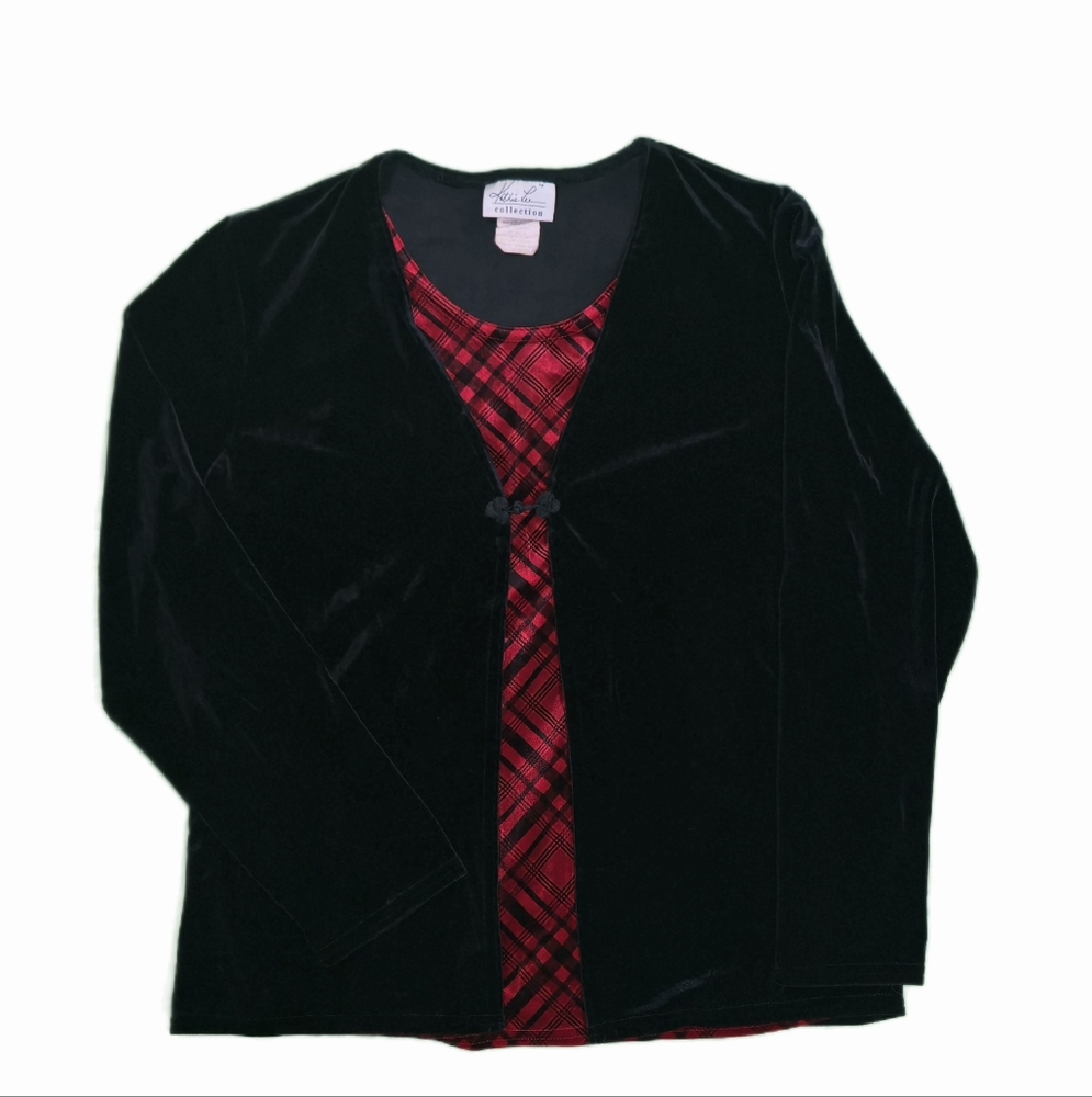 Kathie Lee Black Velvet Cardigan And‎ Red Plaid Top